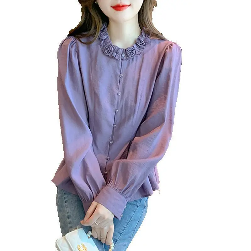 sweet O-Neck Spliced Ruffles Folds puff sleeve Shirts Female Clothing 2024 autumn winter New Loose All-match Tops Chic Blouses