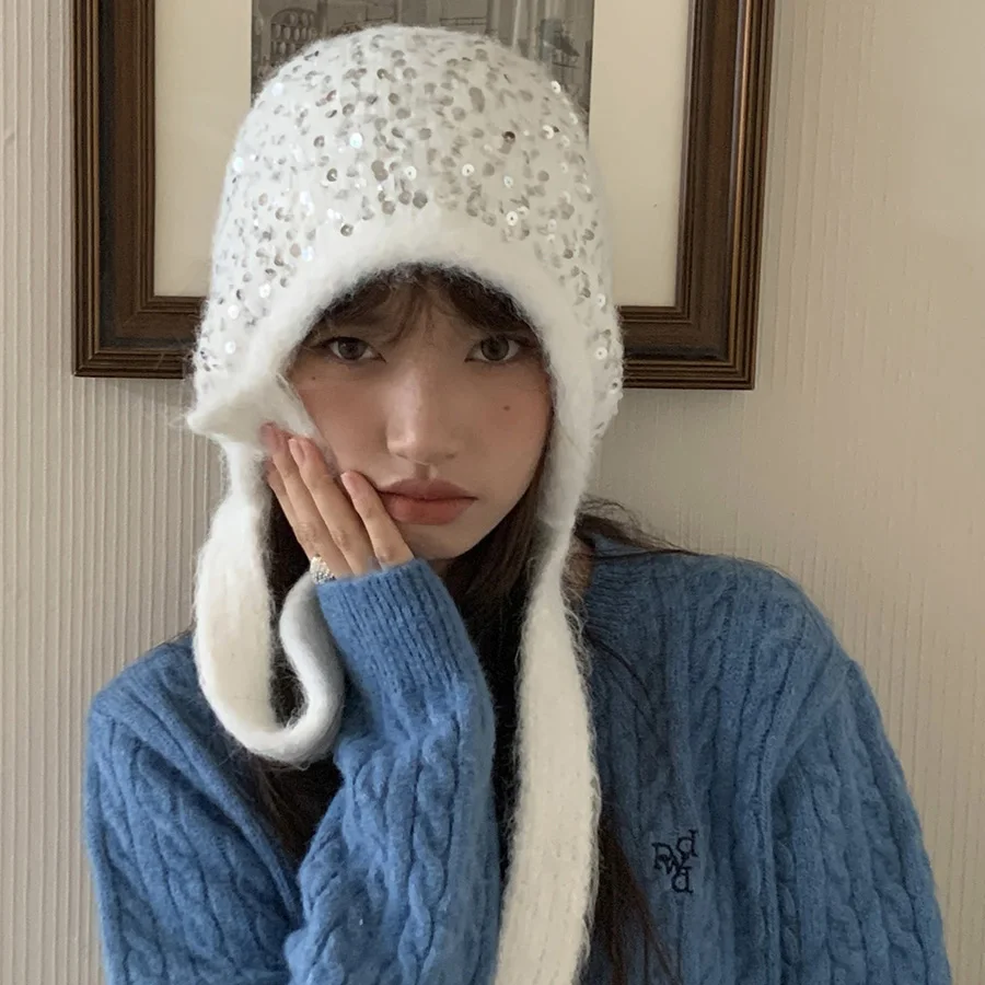 Koreaanse ontwerper met lovertjes, wintermuts, dames herfst en winter, schattige oorbeschermers, wollen gebreide bommenwerperhoed