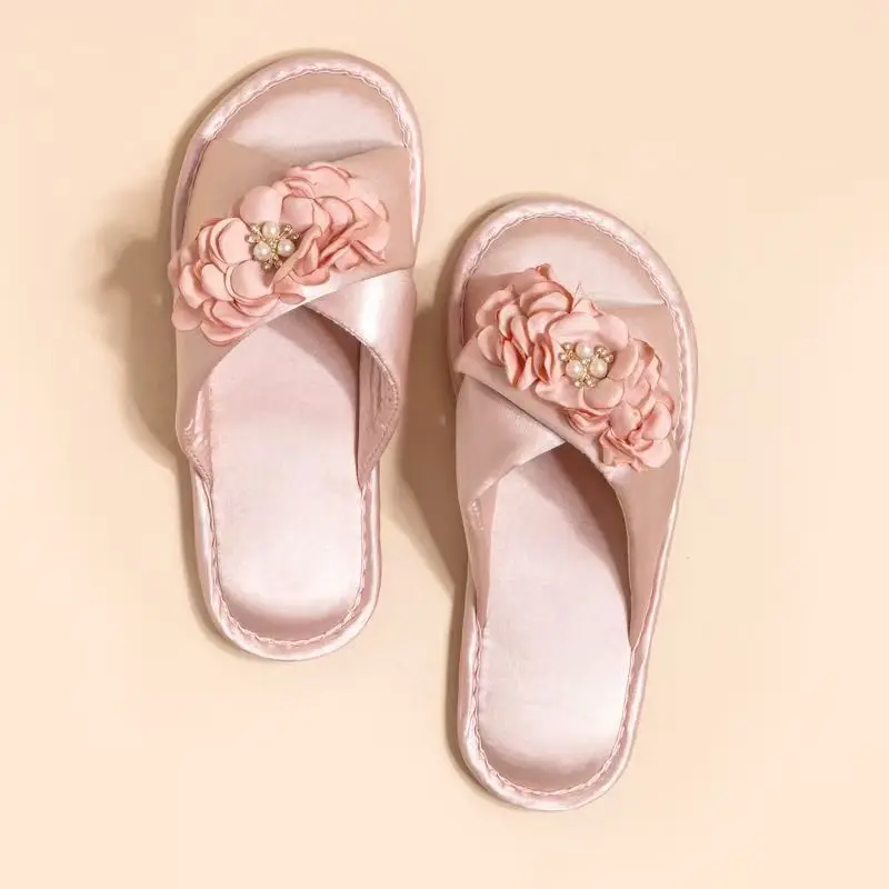 

Women's New Flower Flat Sole Home Slippers Open Toe Soft Sole Non Slip Lightweight High Quality Four Seasons Silk Floor Slippers