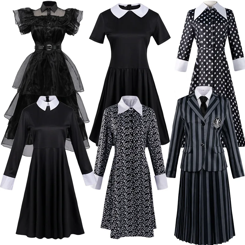 

Hot Movie Wednesday Addams Costumes For Girls Kids Adults Halloween Carnival Cosplay Outfits Wigs Gothic Party Dresses Women