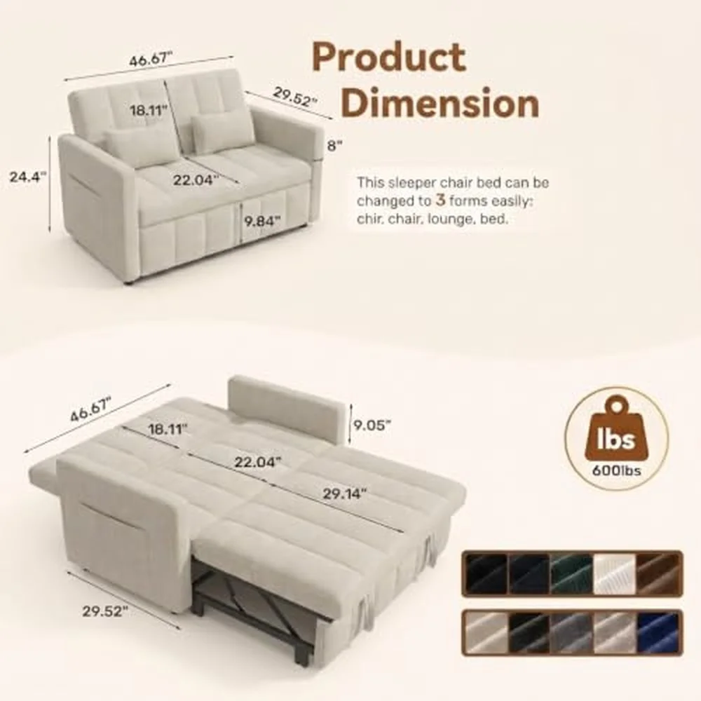 Sleeper Sofa Bed with Adjustable Backrest & Side Pockets Beige