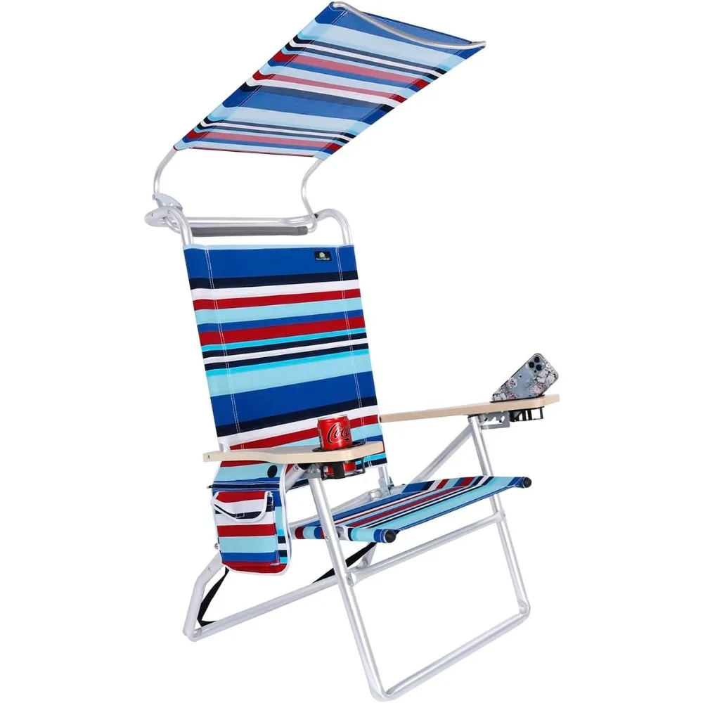 4 Reclining Positions Lightweight High Aluminum Beach Chair with Canopy Shade for Adults, Drink Holder