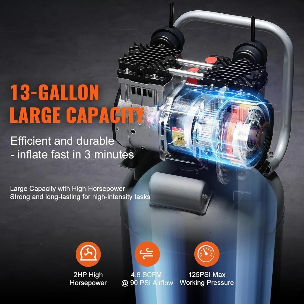 13 Gallon Air Compressor, 2HP 4.6 SCFM@90PSI Oil Free Air Compressor Tank with 125PSI Max Pressure, 66dB Ultra Quiet Compr