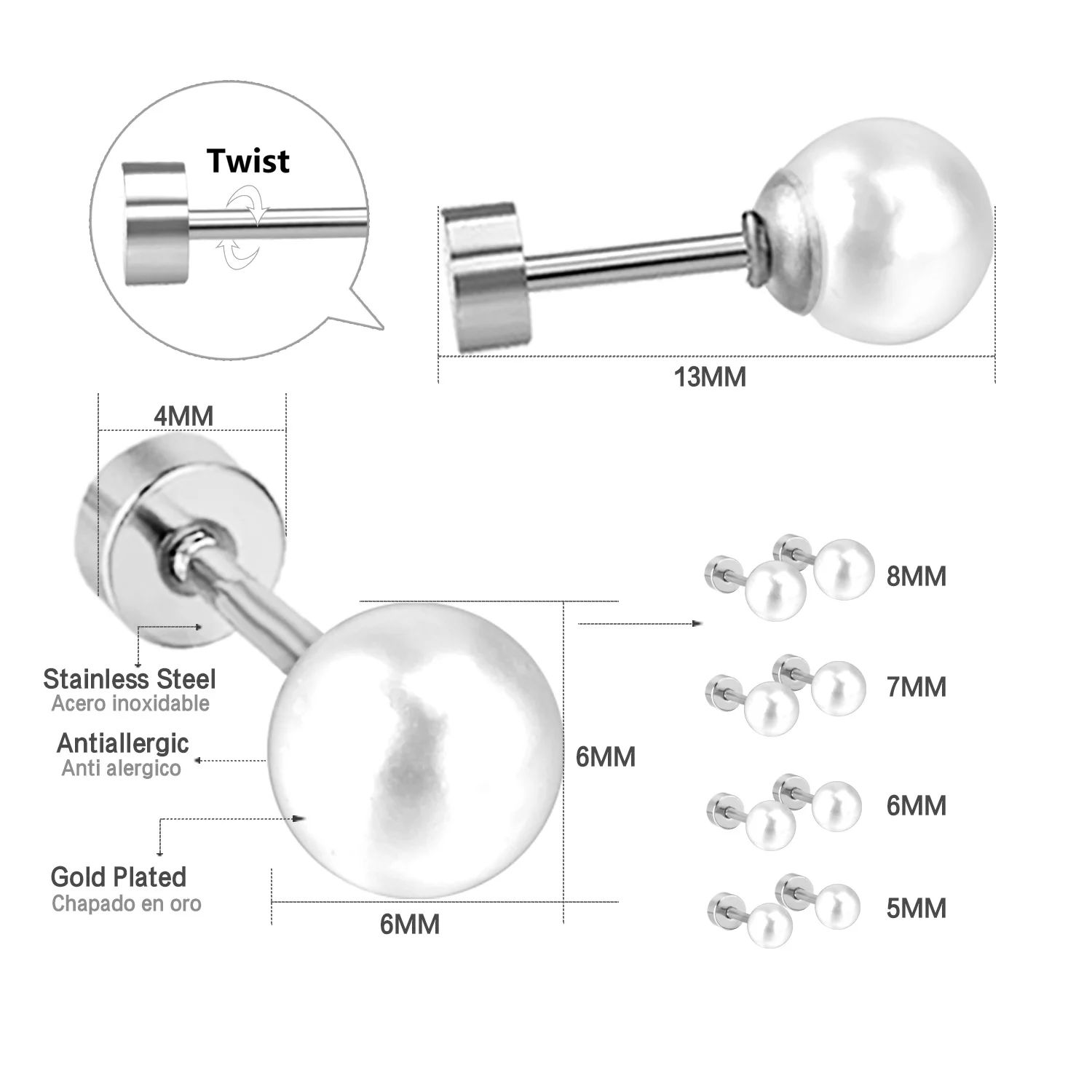 LUXUSTEEL 5Pairs/Lot Imitation Pearl Stud Earrings For Women Men Stainless Steel White Black Freshwater Pearls 4/5/6/7/8mm