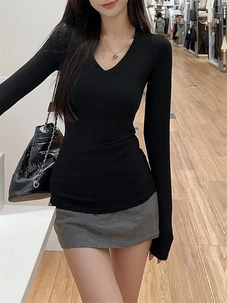 Frauen Mode Einfarbig V-ausschnitt T Shirt für Frauen Baumwolle Elastische Grundlegende T-shirts Weibliche Casual Top Langarm Sexy Y2k Kleidung – Detail 6