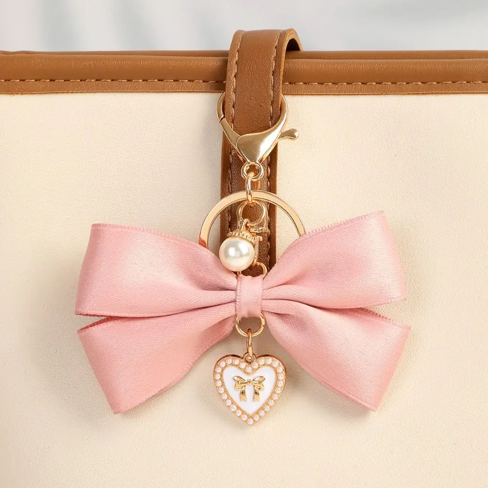 Durable Fabric Ribbon Bow Heart Pendant Keychain Heart DIY Anti-Lost Keyring Butterfly Knot Hanging Chain