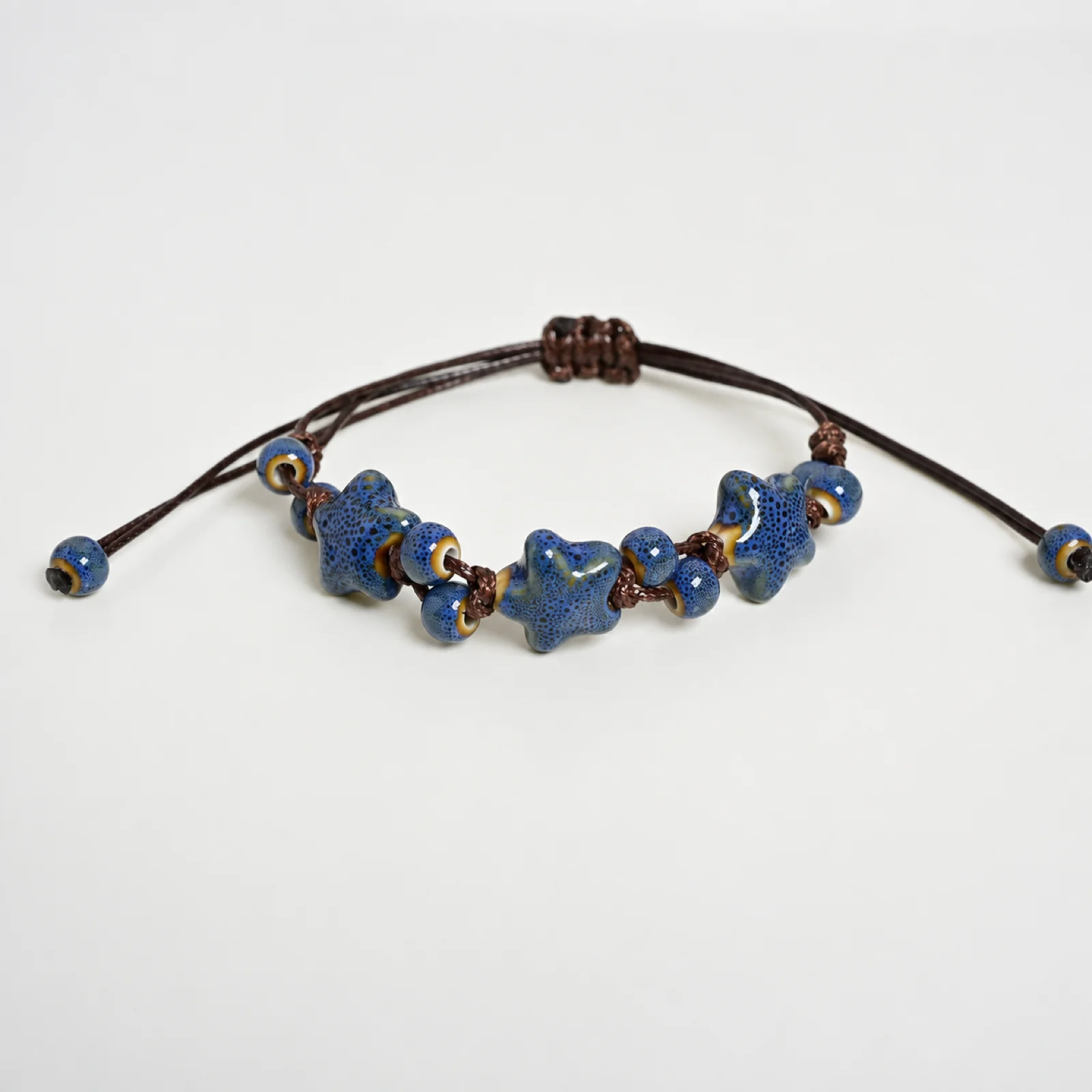 Handmade Ceramic Star Bead Bracelet Blue Waxed Cord Adjustable Woven Jewelry Handcrafted Beaded Accessory 608P17-14