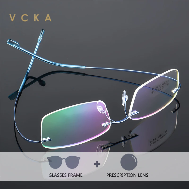 VCKA Frameless Square Men Business Myopia Hyperopia Glasses Super Light  Anti Blue Photochromic Prescription Optics Eyewear