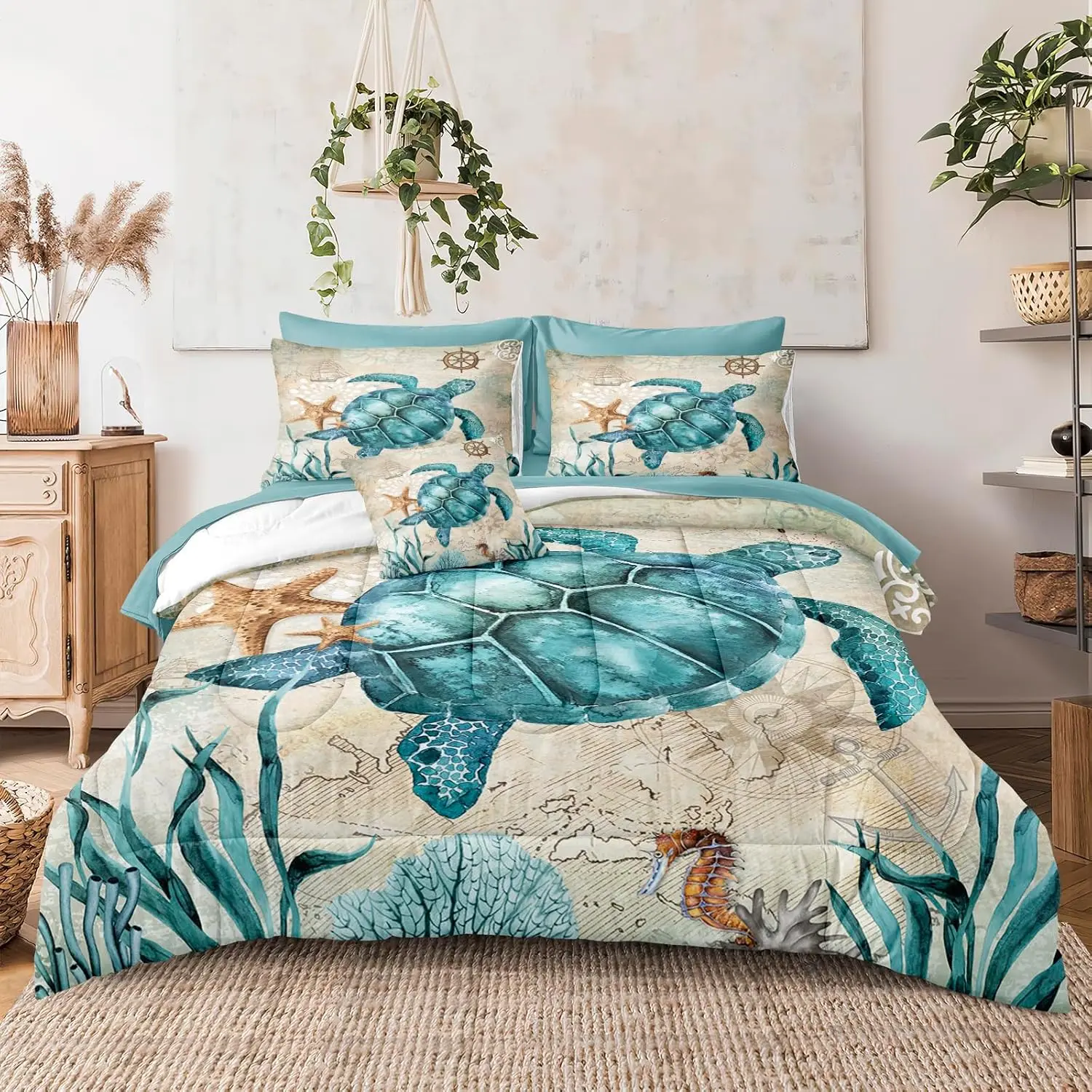 Merryword 6 Pieces Blue Green Comforter Set Twin Size Ocean Life Bed In A Bag Turtle Beach Bedding Set Hawaii Style Summer