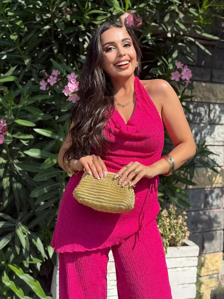 HH, moda de verano, trajes de pantalón para mujer, liso, sin mangas, sin espalda, decoración con cordones + Pantalones largos de cintura alta, conjuntos informales para mujer