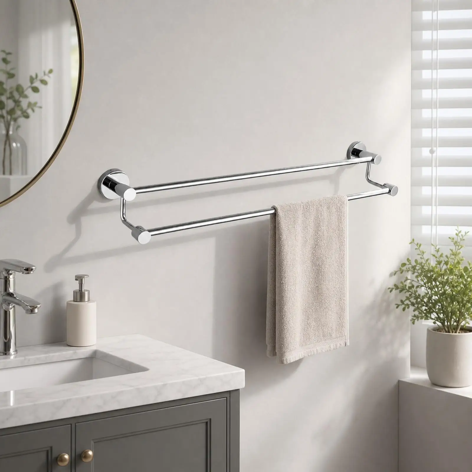 Screwless Metal Towel Basket Rack with Spacious Upper Shelf and Hanging Bar for Family Powder Room Organizer