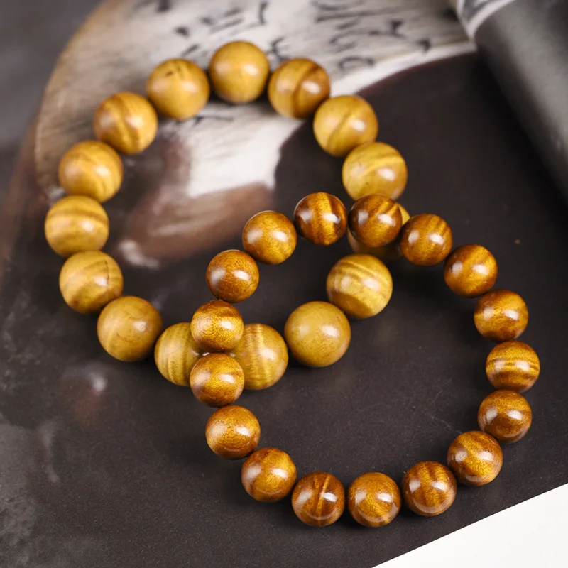 Golden Phoebe Wood Water Ripple Beaded Bracelet Unisex Prayer Mala Beads Collectible Wenwan Jewelry 12mm 15mm Ideal Gift For Med