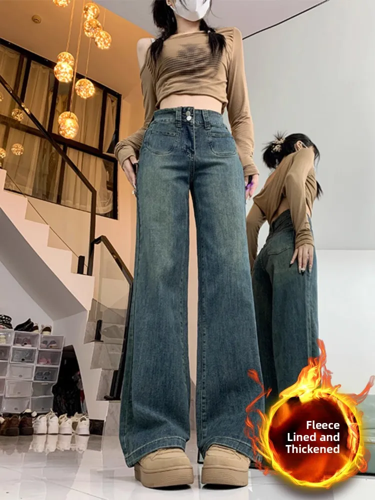 

Retro Flared Fleece Lined Denim Jeans Women High Waist Spring plus Size Loose Slimming Wide Leg Pants Casual Trousers