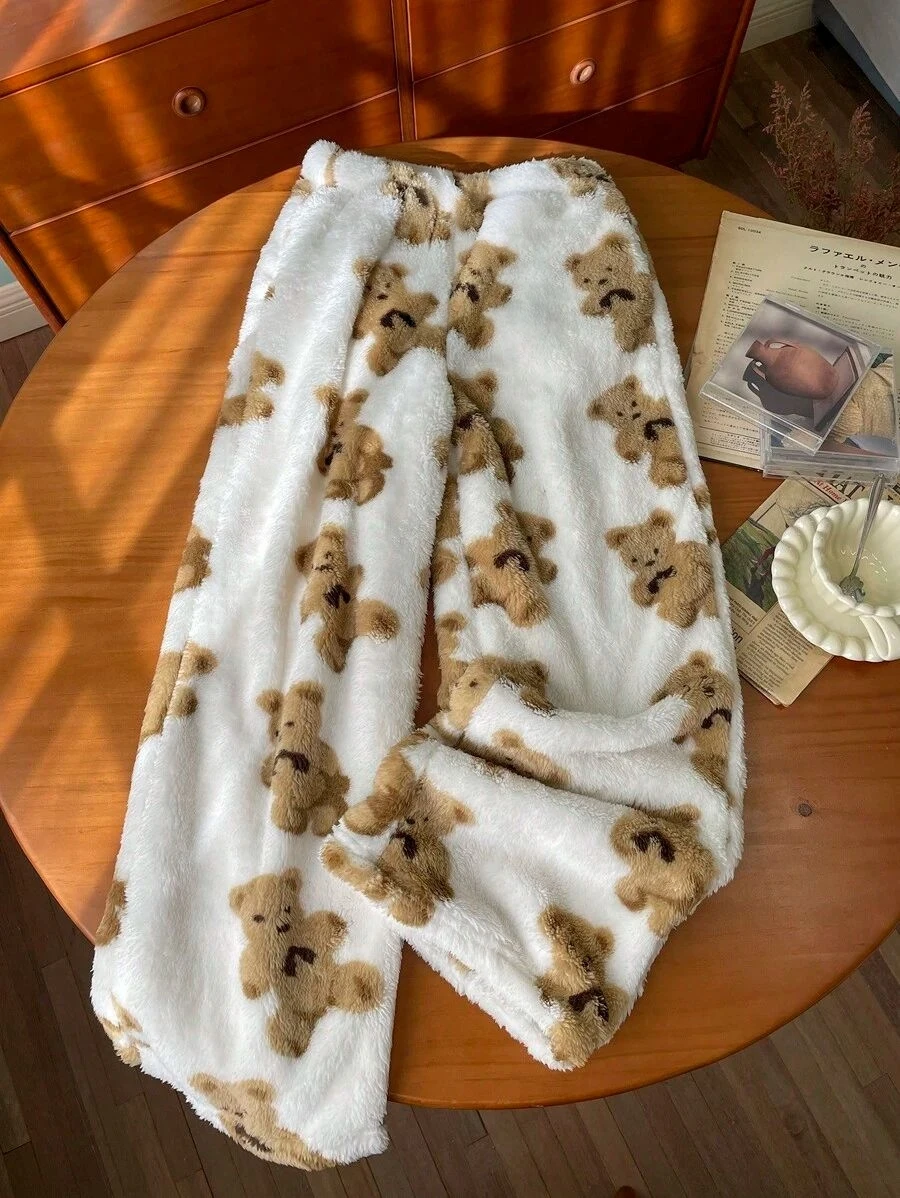 Women Cartoon Bear Pattern Flannel Plush Straight Leg Pants Fautumn Winter Warm Soft Comfortable Comfortable Home Sleeping Pants