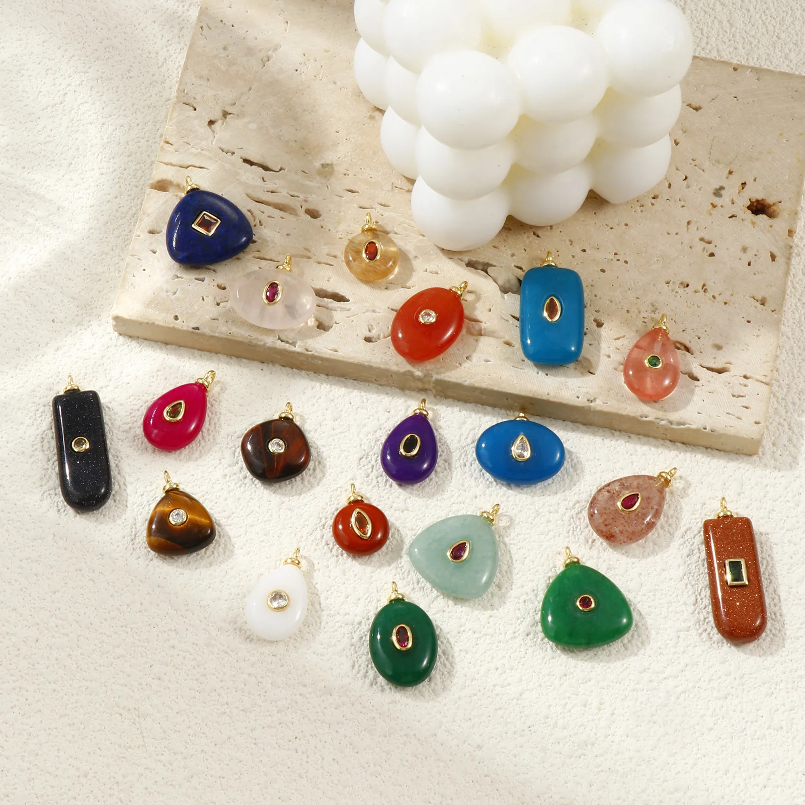 1 Piece Brass & Cubic Zirconia Natural Stone Geometric Charms 18K Gold Plated Olivary Round Pendant For DIY Necklace Making