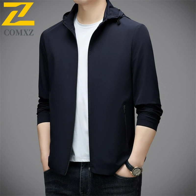 

Hooded Jacket Men New Trendy Detachable Hood Work Coat Classics Business Casual Comfort Lightweight Spring Autumn Outerwear