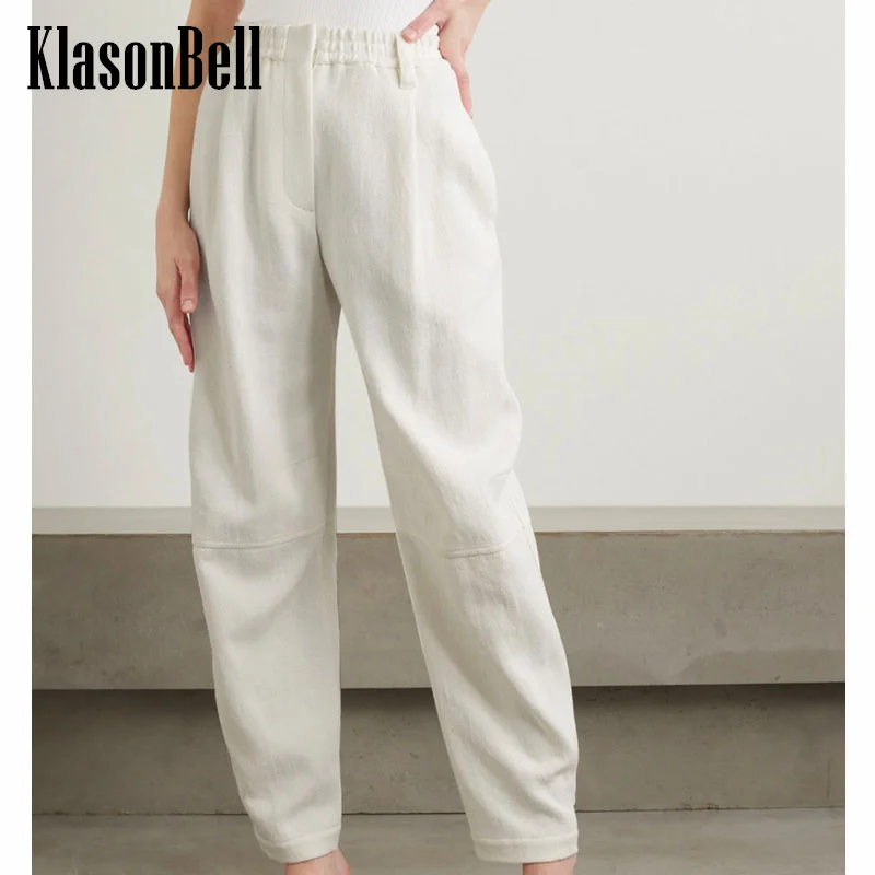 12.20 KlasonBell Linen Cotton Blend Elastic Waist Zipper Pants Spliced Button Design Casual Trousers Women