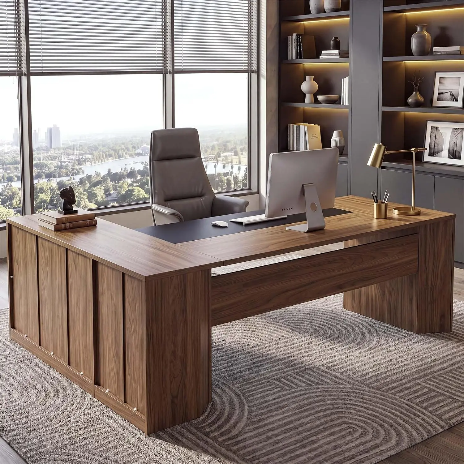 L-Shaped Executive Desk With File Cabinet, Large Office Workstation, 79 Inch, Customized