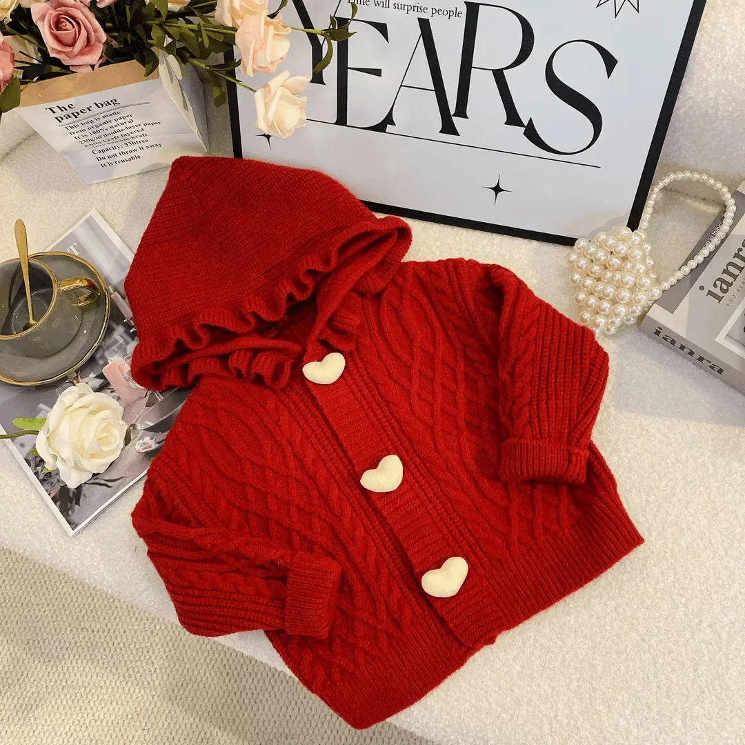 2024 Autumn New Korean Girls\' Girls Sweater with Hat Autumn and Winter Red Long Sleeved Top with Heart Button Knitted Cardigan