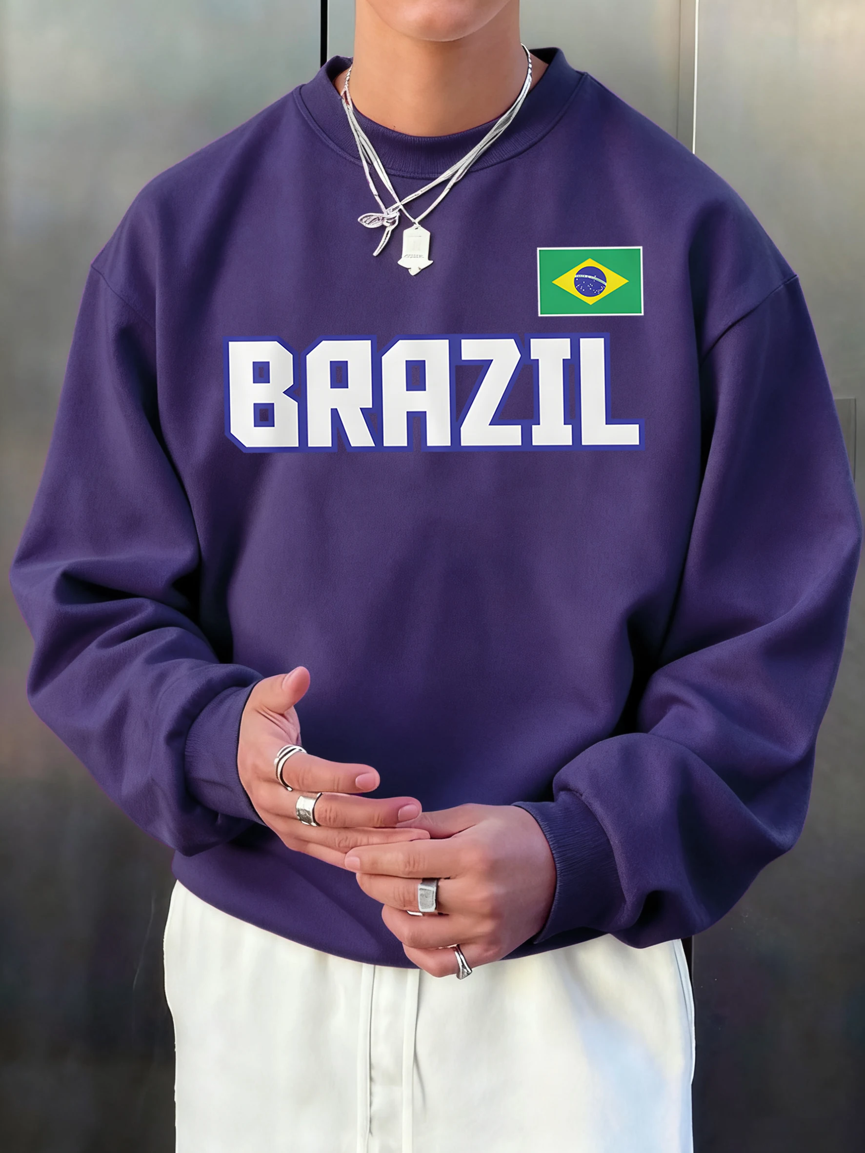Brasilien-Buchstaben- und Flaggenmuster, Herren-Sweatshirt, modischer Fleece-Pullover, Retro, lässig, langärmelig, Unisex, O-Ausschnitt, lockere Kleidung