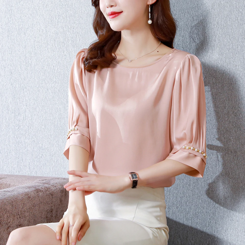 Summer Solid Satin Shirts For Women Fashion Puff Sleeve Beaded Blouses Women 2024 Korean Style Office Lady Simple Basic Tops