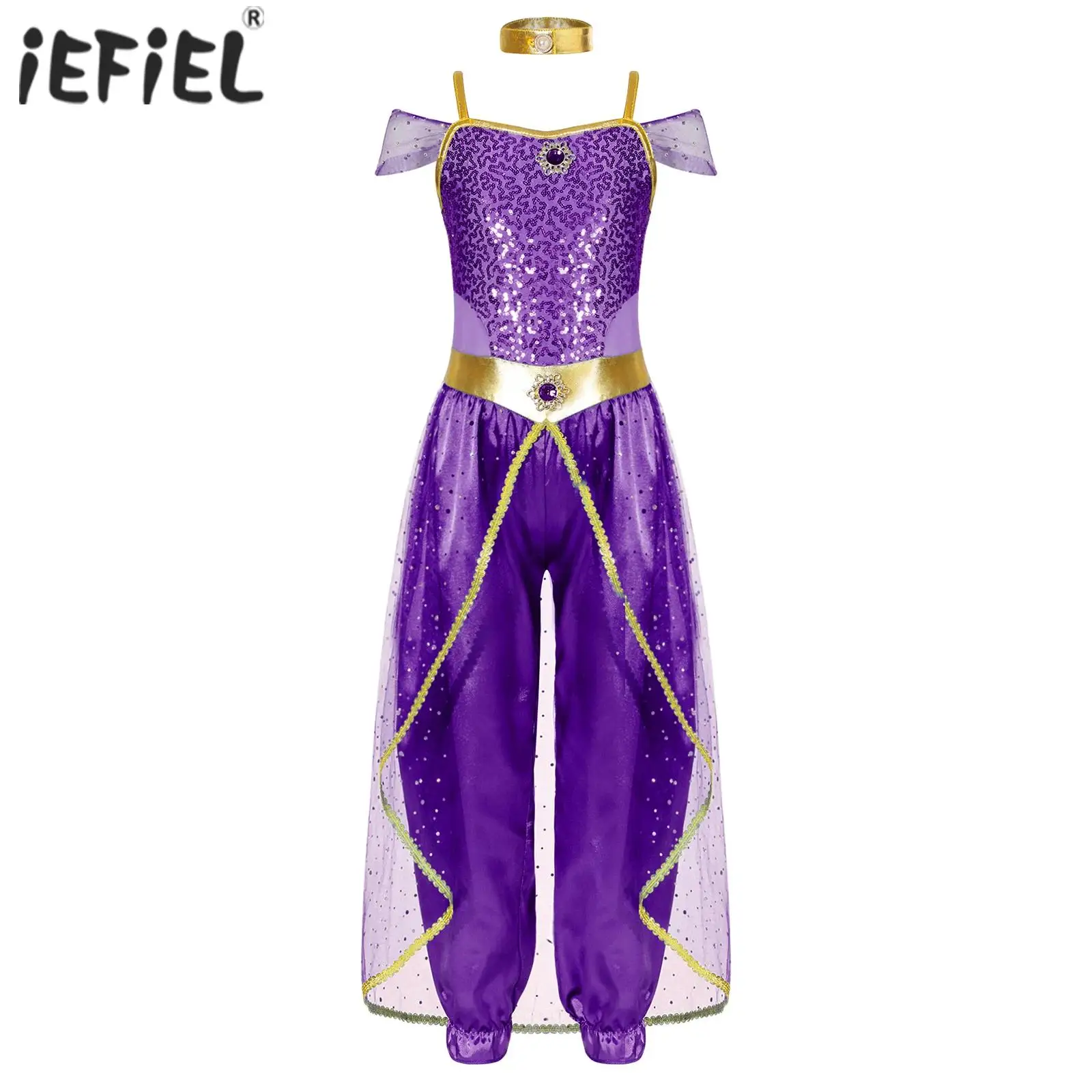 Girls Arabian Princess Belly Dance Cosplay Performance Costume Shiny Sequins Gem Patchwork Long Jumpsuit Bodysuit with Choker