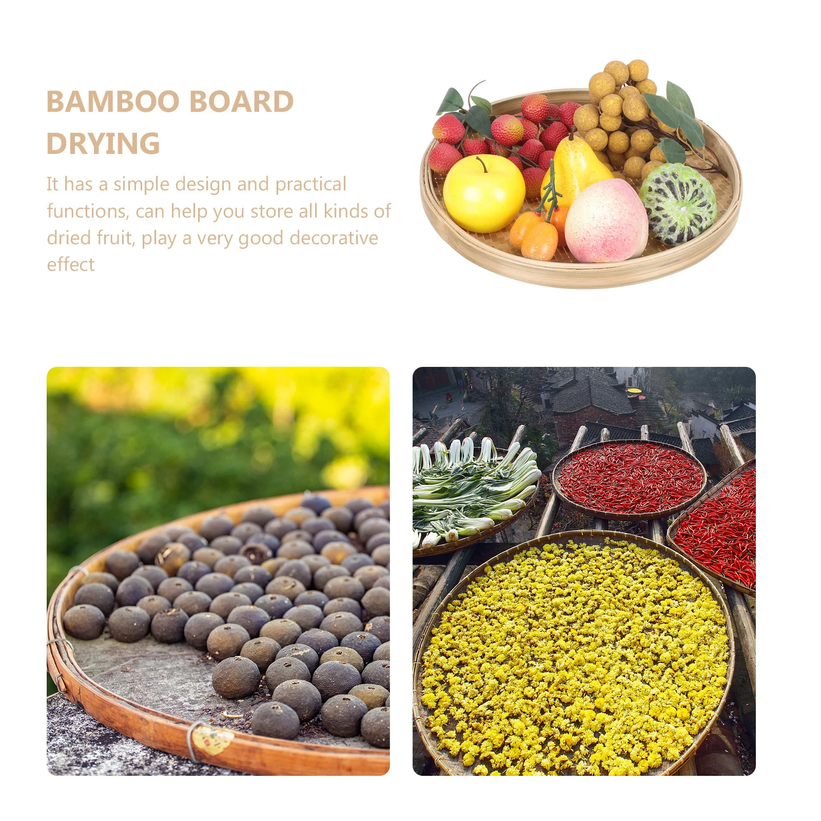 

Bamboo Woven Tray Round Drying Basket for Food Fruit Storage Snack Serving Decorative Home Kitchen Use Multi-Functional