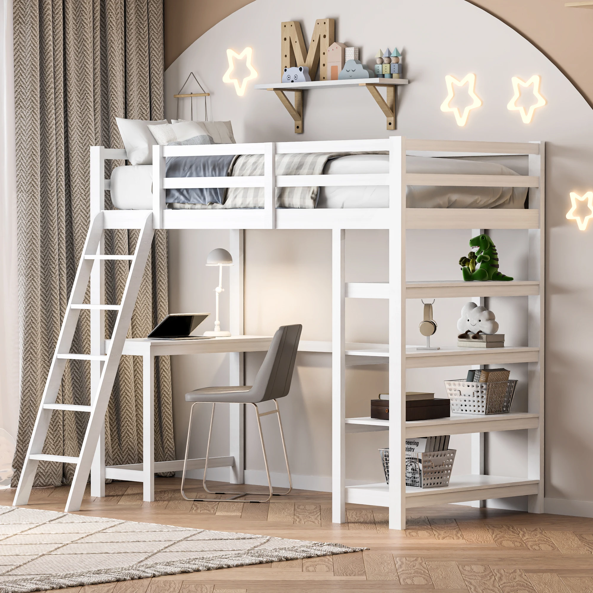 90 x 200 cm Loft bed with stairs,single bed, table multi-purpose bed unit wooden bed frame white