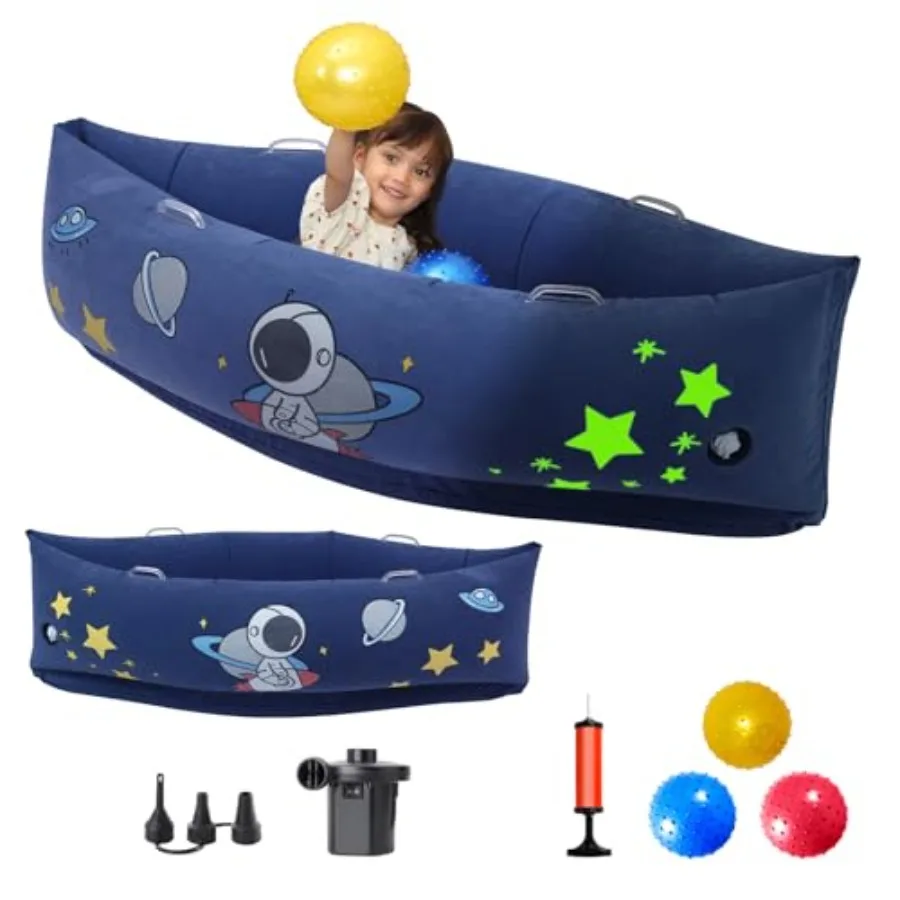 Cápsula Sensorial Inflable de 60'' con Estampado Espacial Brillante en Azul Espacial, Sillón de Juego Interior Confortable con 3 Pelotas Sensoriales Eléctricas