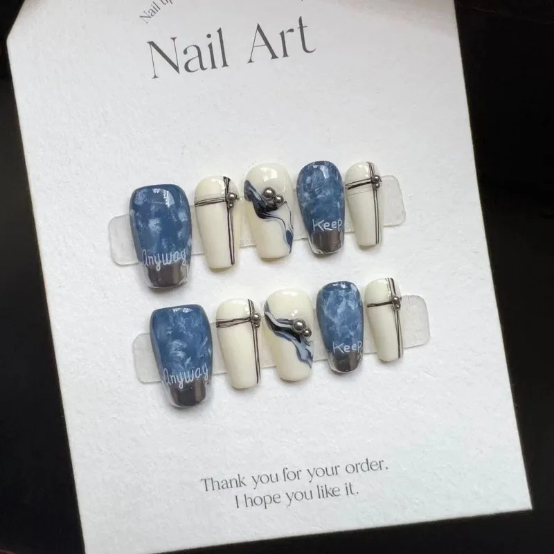 False Nails Fake Nails Full Cover Press on Nails Diy Pure Handmade Removable Reusable Diamond  Blue Ocean Ripple Ribbon Alphabet