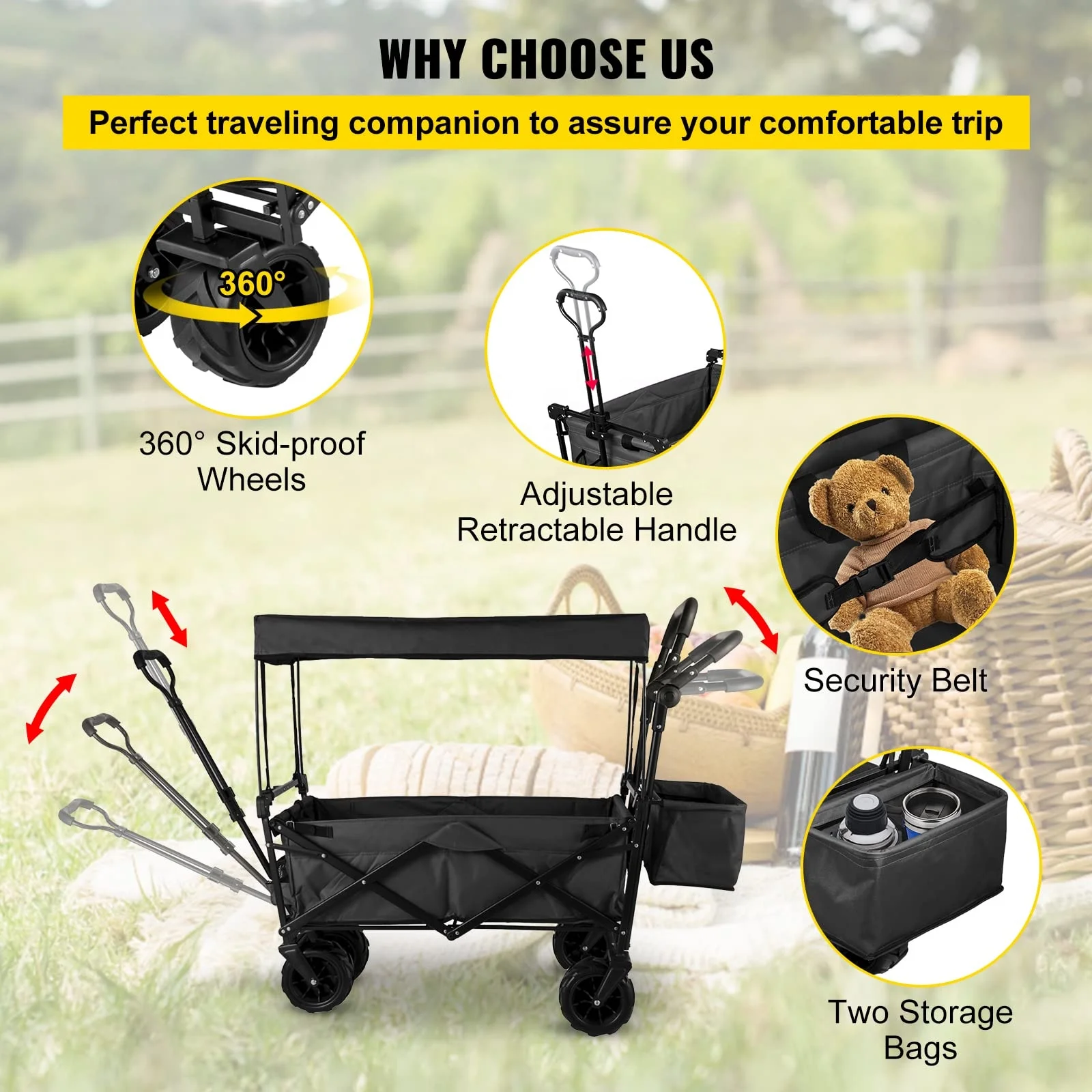 Outdoor Camping Folding Utility Fold Wagon Camping Cart Foldable Collapsible Cart Trolley With Canopy and Cup Holder view 5