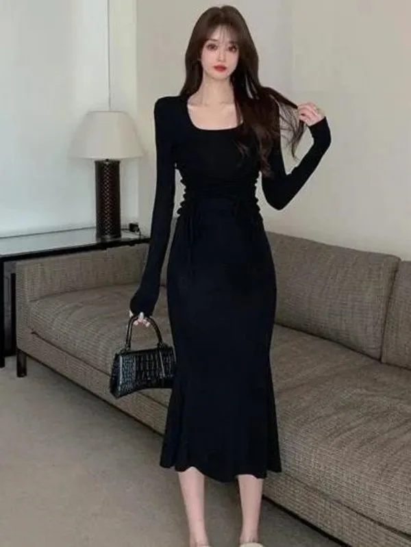 Spicy Girl Royal Sister Dress 2024 Autumn New Fashion Women's Dress Sexy temperament Slim fit Black long fishtail skirt K5QK