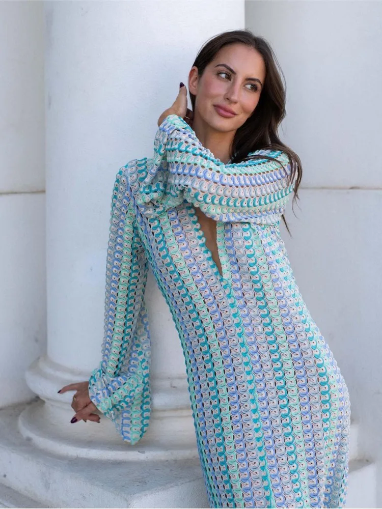 خريف جديد الكروشيه الملونة شريط فستان ماكسي المرأة موضة العميق الخامس الرقبة عالية سبليت مثير فساتين طويلة الشاطئ مأدبة Vestidos