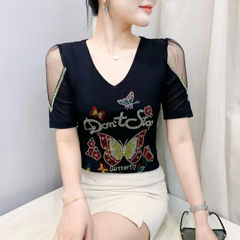 

2025 Summer V-Neck Short Sleeve Women's Top Fashion Sexy Patchwork Diamonds Butterfly Letter Mesh T-Shirt Clother Oversized Tees