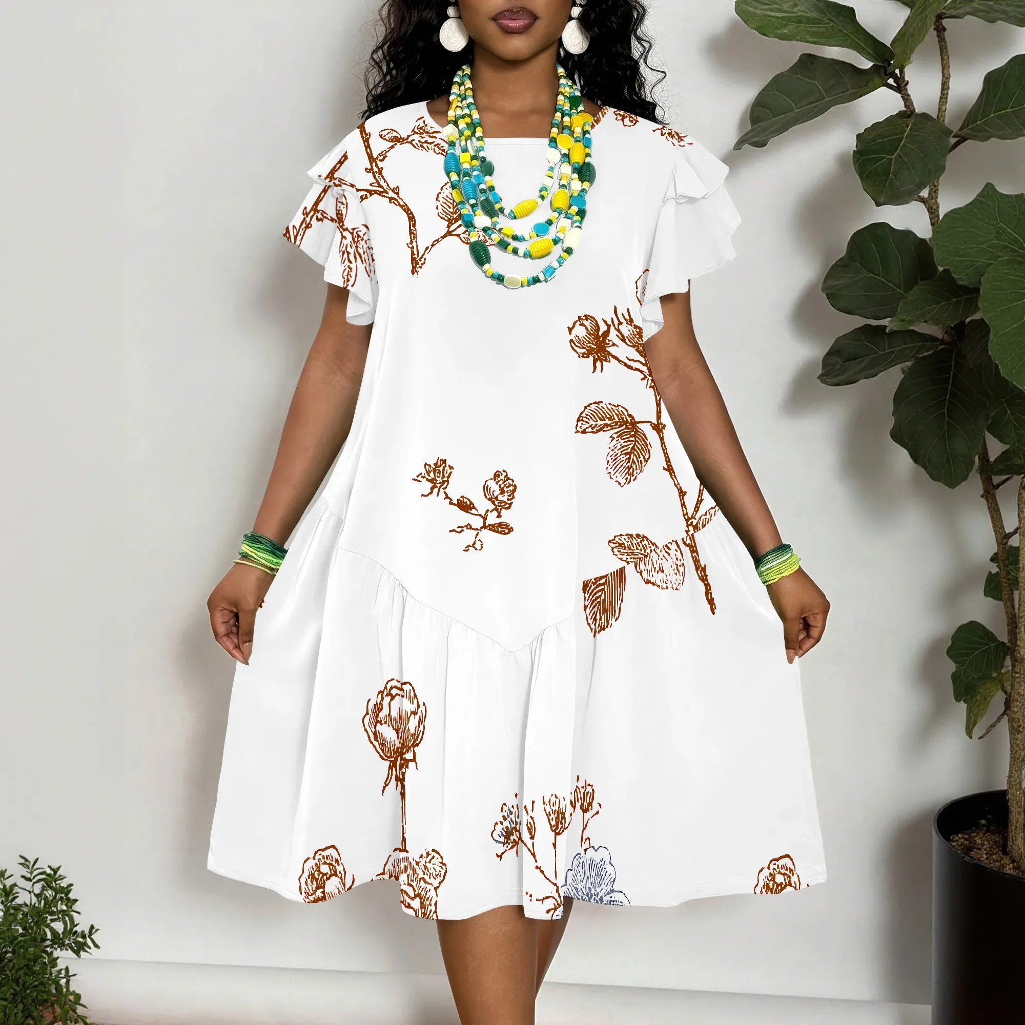 Women's Floral Print Short Sleeve Dress with Ruffle Sleeves - Casual Summer A-Line Swing Dress