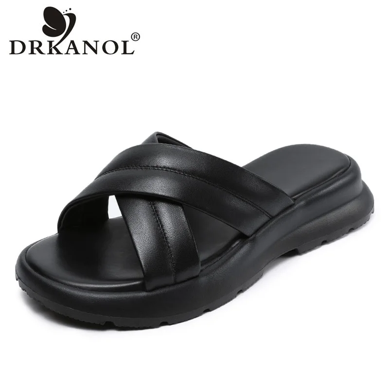 

DRKANOL Thick Bottom Slippers Women Summer Cross Genuine Leather Open Toe Pull On Med Wedges Heel Sandals Outside Casual Slides