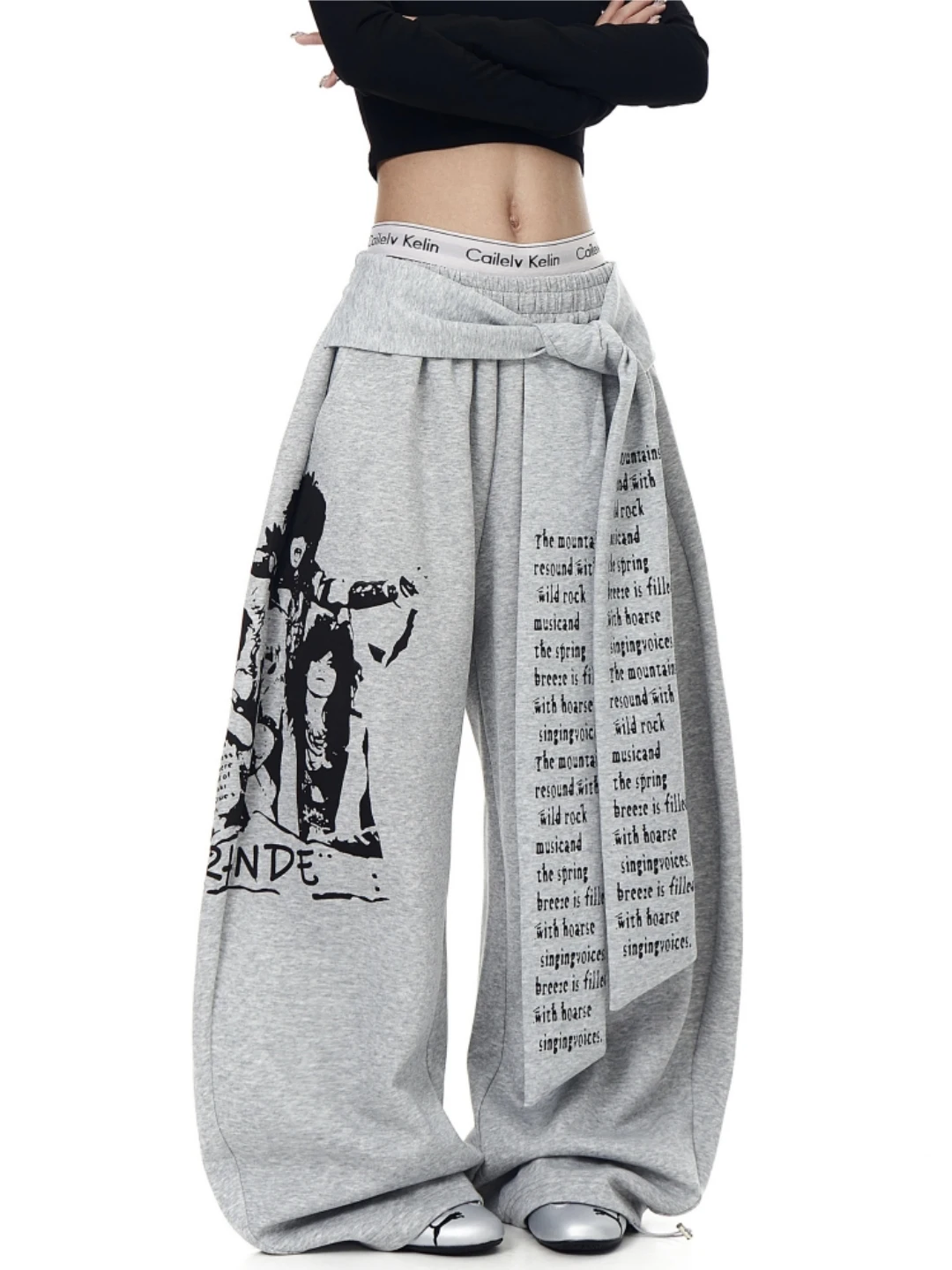 Women's Edgy Graphic Print Baggy Sweatpants - Gray Streetwear Wide Leg Pants with Rock Band & Poem Print, Y2K Casual Trousers