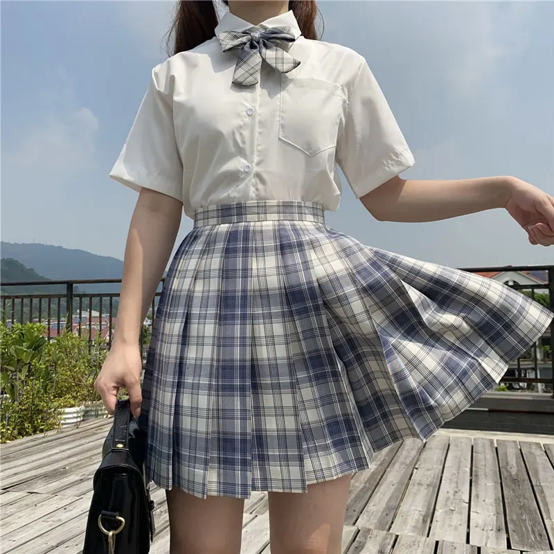 Japanese Uniform Korean School Jk Uniform Shirt Plaid Skirt Set South Korea Students Short Sleeve Pleated Skirt Set Girl Seifuku