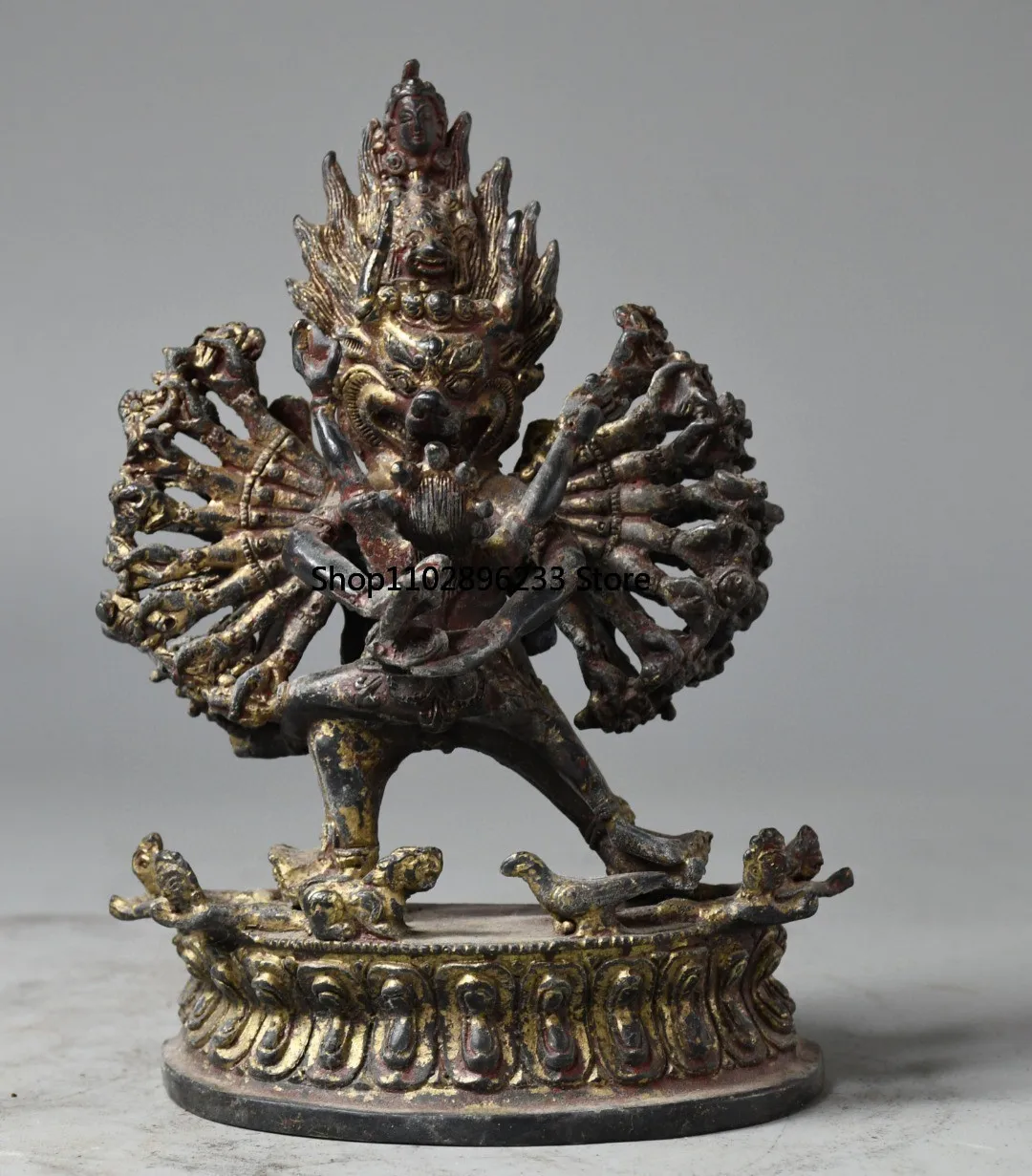 Tibetan Tantra Old Bronze Buddha Mud Gold Cinnabar Painting Daweide King Kong Buddha Home Hall Supplies Ornament 18cm