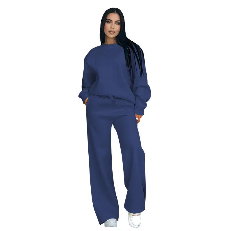 Custom LOGO women's new European and American velvet round neck long-sleeved loose clothing fashion casual wide-leg pants set