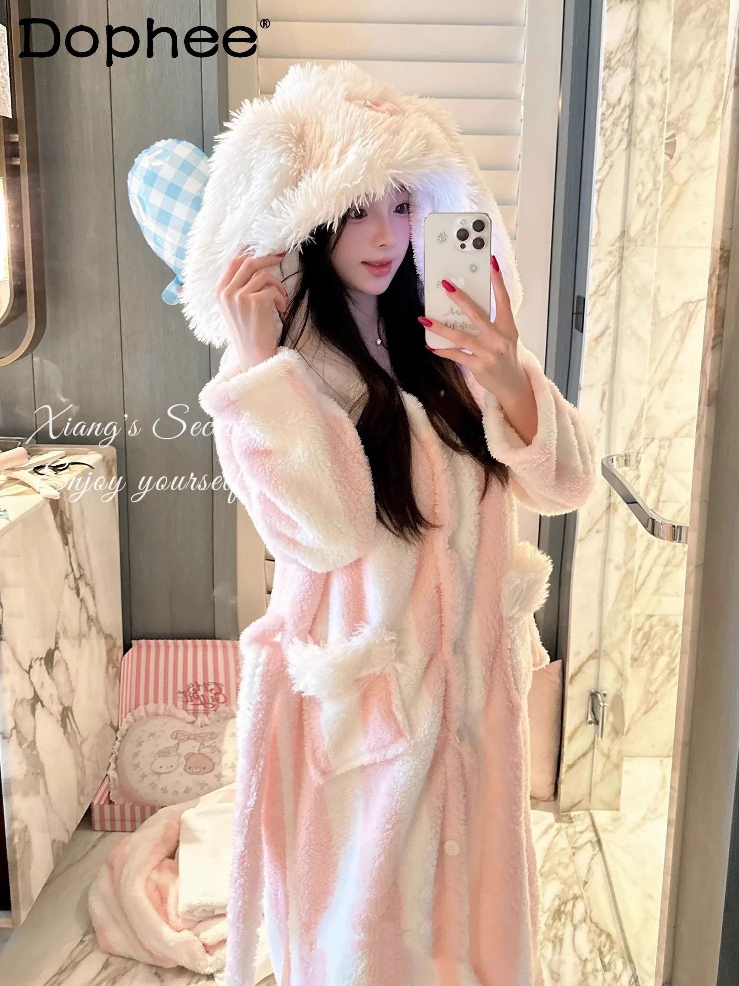 

Sweet Girl Japanese Original Coral Fleece Thickened Hooded Pajamas Autumn Winter Warm Comfortable Skin-friendly Flannel Pajamas