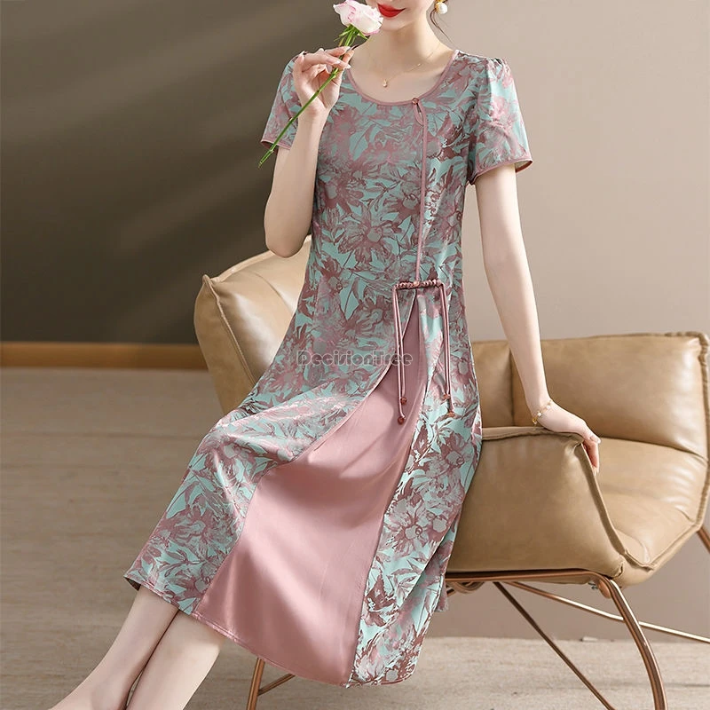 

2024 summer dress new chinese women's improved cheongsam dress fashion casual printed qipao retro round collar loose qipao w964