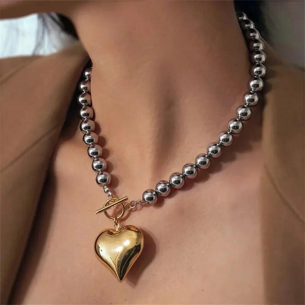 Vintage Punk Hip-Hop Silver Plated Metal Bead Thick Chain Necklace For Women Female Fashion Heart-shaped Pendant Jewelry Gift