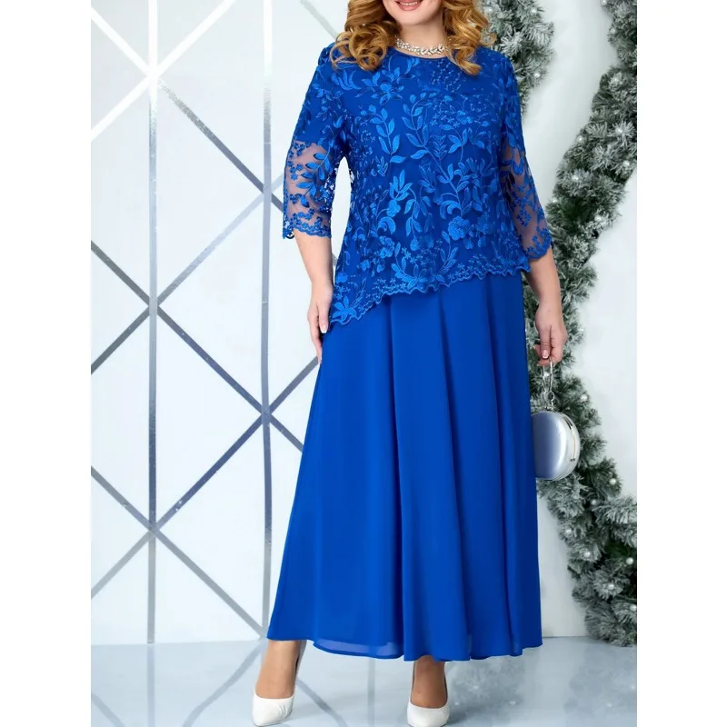 

4XL 5XL Plus Size Women Clothing 2025 Spring Summer Embroidery Fake Two Piece Party Dress for Wedding Guest Church Dress
