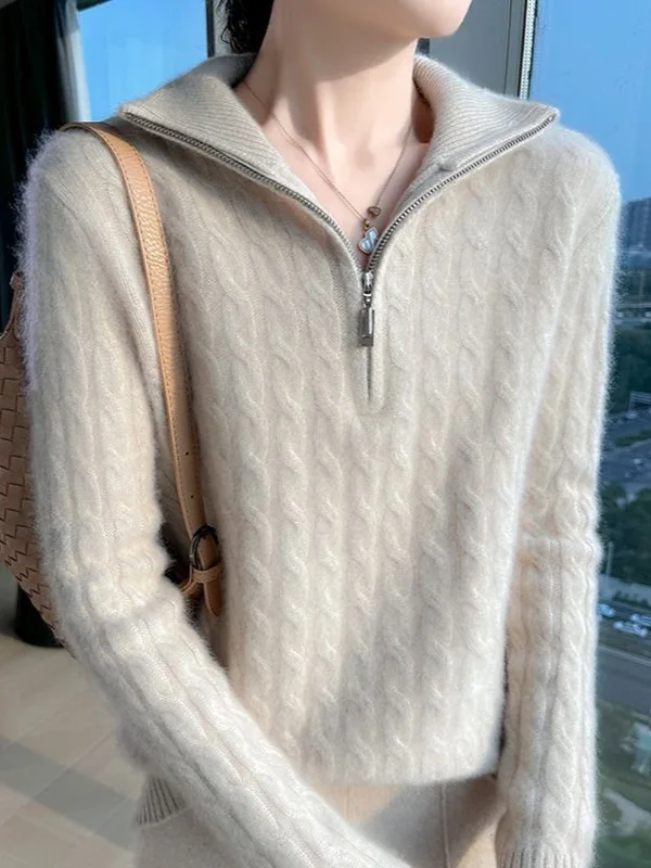 100% Merino Wool Women's High Collar Half Zip Pullover Autumn Winter Thick Casual Fashion Cashmere Knitted Sweater