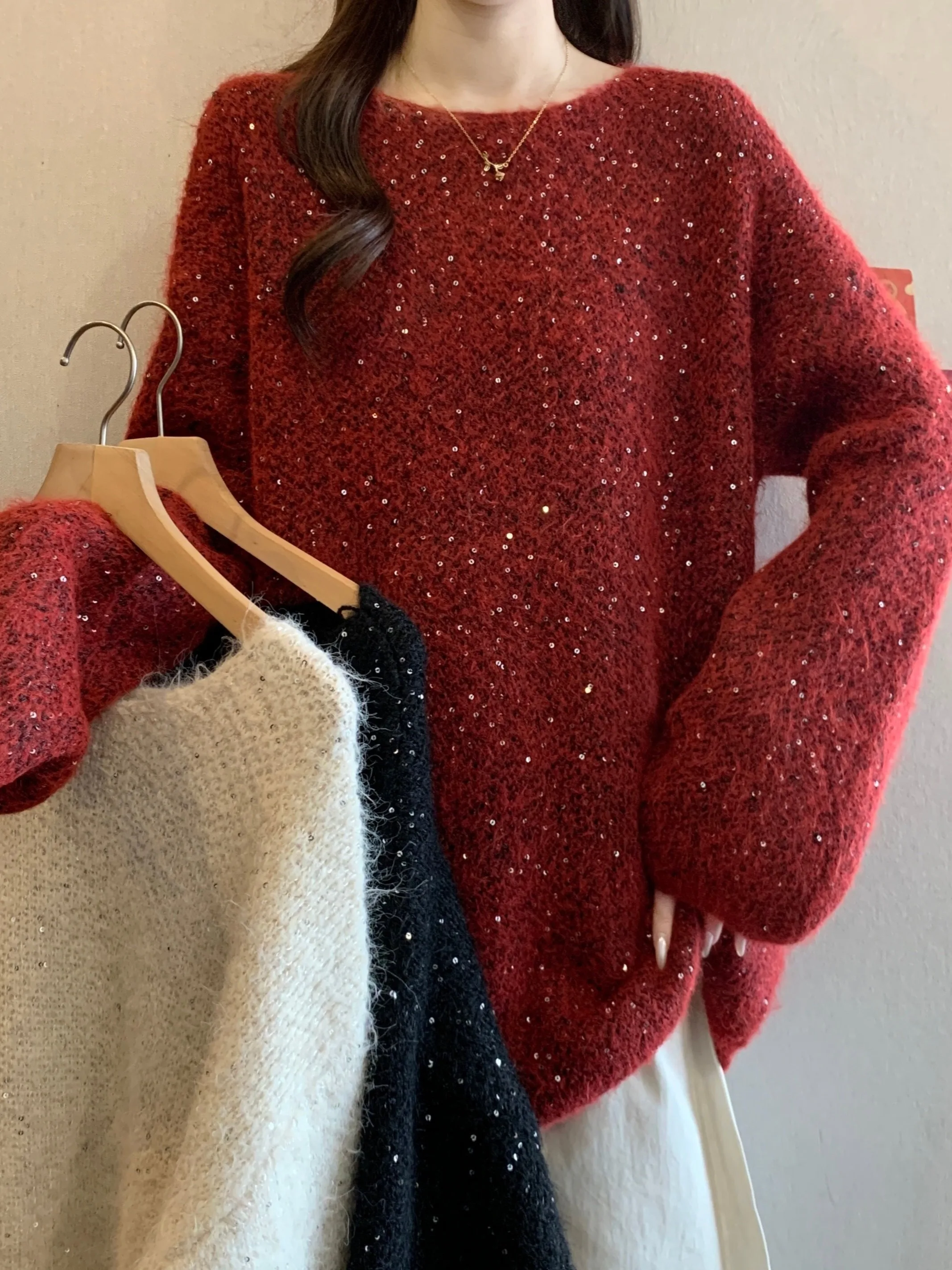 

plus Size Women's Red Sequin Long Sleeve Knitted Sweater Loose Fit Autumn Winter New Style Casual Versatile Comfortable Knitwear
