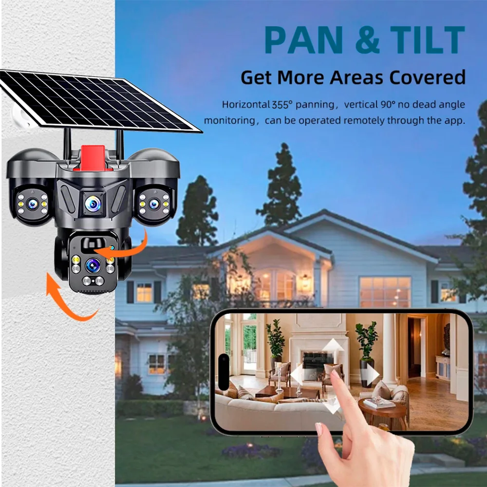 FUERS 4G WIFI Solar Camera V380 Pro 6MP 10X Zoom Triple Lens 4G Solar Outdoor Three Screen Motion Detection Security CCTV Camera