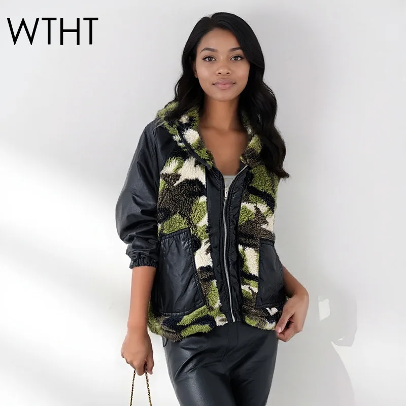 

WTHT Trendy Women Camouflage Plush Spliced PU Leather Quilted Jacket 2025 Winter Fashion Hooded Long Sleeves Coat Female 1LS2737