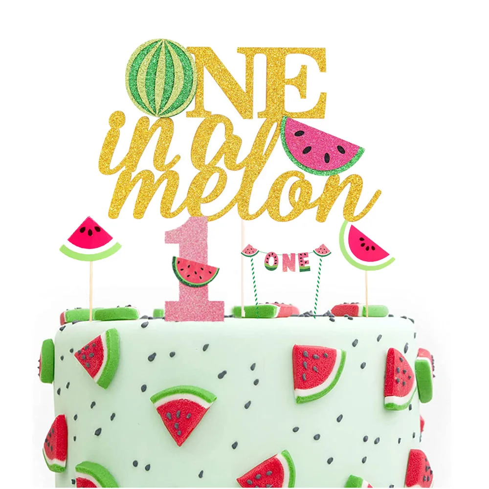 One in a Melon Cake Topper 1st Birthday Party Decor Watermelon Cake Cupcake Decor Watermelon Themed Baby Kids Party Supplies