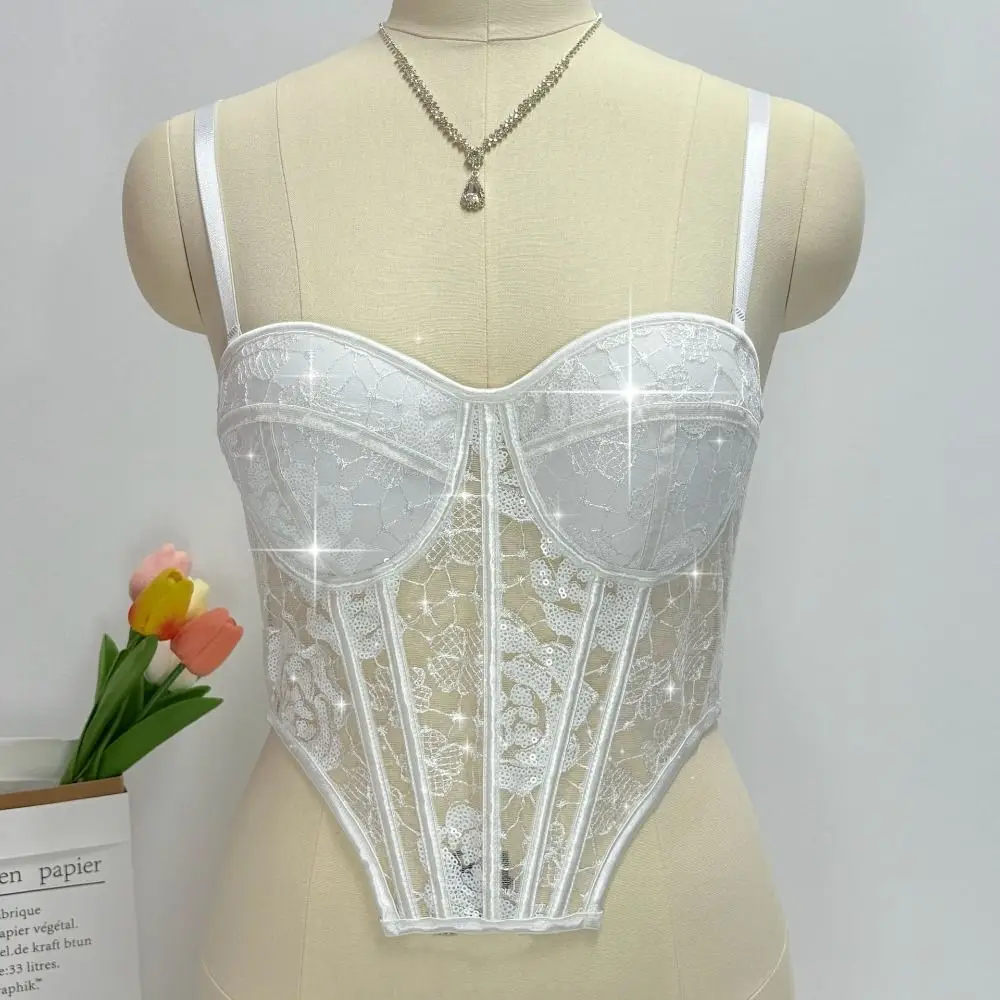 

Elegant Hollow Lace Sequin Camisole Transparent Slim fit Lace Sequin Corset Sleeveless Streetwear Suspender Vest Travel